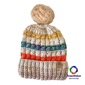 Chillmeister Womens Furball Beanie With Mask Cream Multicolor Stripe Pom Pom OS